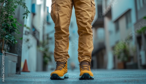 Person standing on urban street wearing yellow hiking boots and khaki pants during daytime