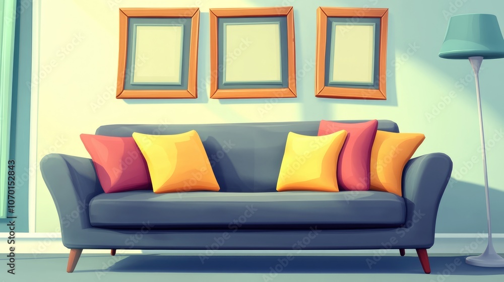 Cozy gray couch adorned with decorative pillows and empty picture frames elegantly displayed on a white wall Cozy gray couch adorned with decorative pillows and empty picture frames elegantly displayed on a white wall