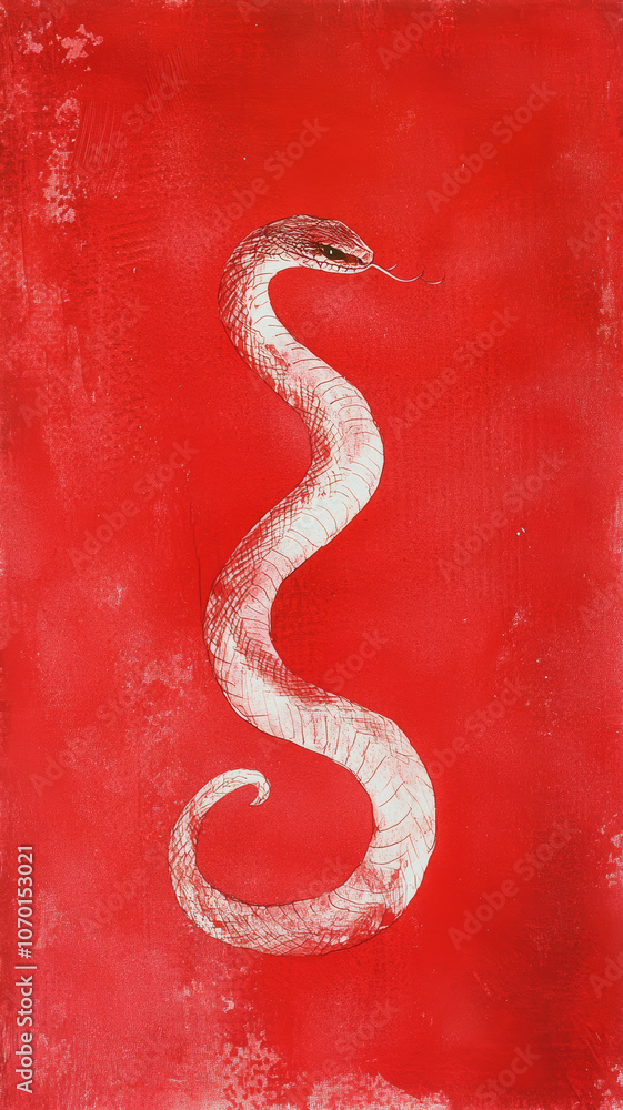 Fototapeta premium A striking snake illustrated against a vibrant red background, symbolizing the Year of the Snake in the Chinese calendar for 2025, embodying transformation and power. Generative AI
