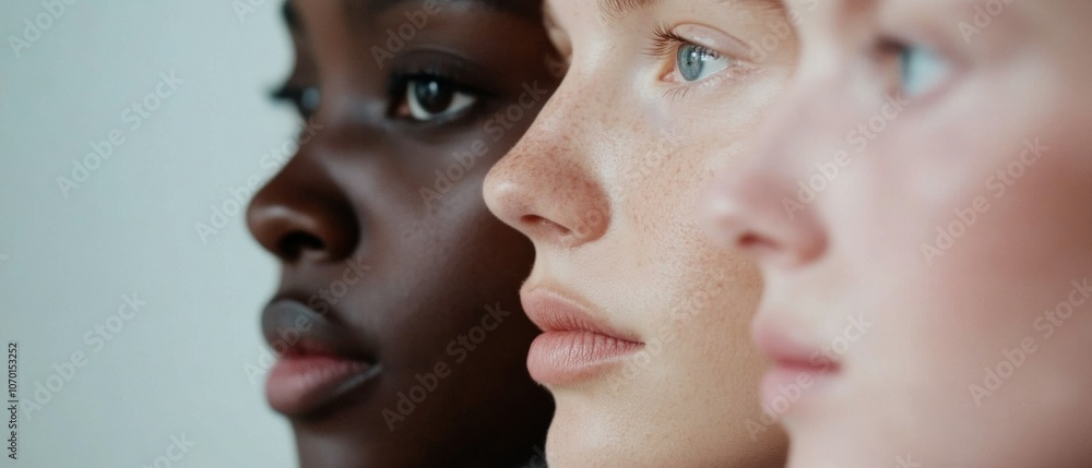 Close-up profile of three diverse women with natural beauty, highlighting individuality and unity with soft focus. Close-up profile of three diverse women with natural beauty, highlighting individuality and unity with soft focus.