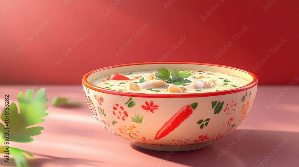 Delicious bowl of Tom Kha Gai featuring creamy coconut milk and aromatic herbs ideal for culinary enthusiasts Delicious bowl of Tom Kha Gai featuring creamy coconut milk and aromatic herbs ideal for culinary enthusiasts