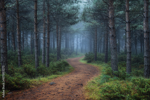 A winding trail through a misty forest in early morning light