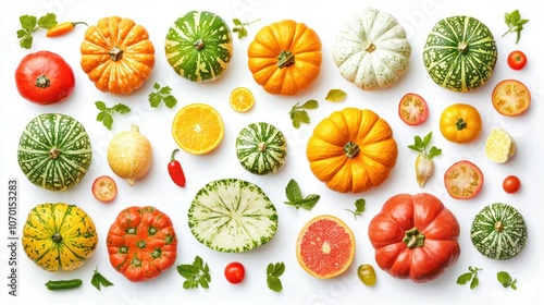 A flat lay arrangement of colorful pumpkins, tomatoes, oranges, and grapefruits with green leaves on a white background.