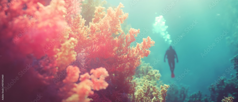 A diver ascends through the vibrant, sun-dappled ocean waters framed by lush coral, capturing the essence of underwater exploration. A diver ascends through the vibrant, sun-dappled ocean waters framed by lush coral, capturing the essence of underwater exploration.