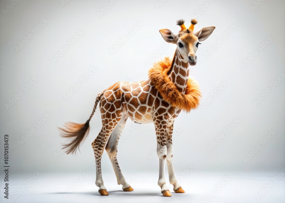 Fototapeta premium Surreal Giraffe Calf in Costume on White Background - Whimsical Animal Photography, Cute Giraffe, Creative Costume, Playful Imagery, Unique Wildlife Art, Fantasy Animal Portrait