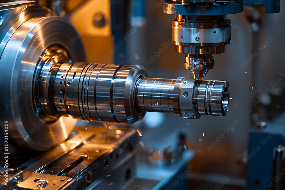 Precision metalworking in a CNC machining facility at night Precision metalworking in a CNC machining facility at night