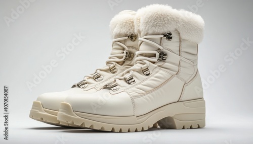 Stylish winter boots with faux fur lining on a neutral background for cold weather fashion