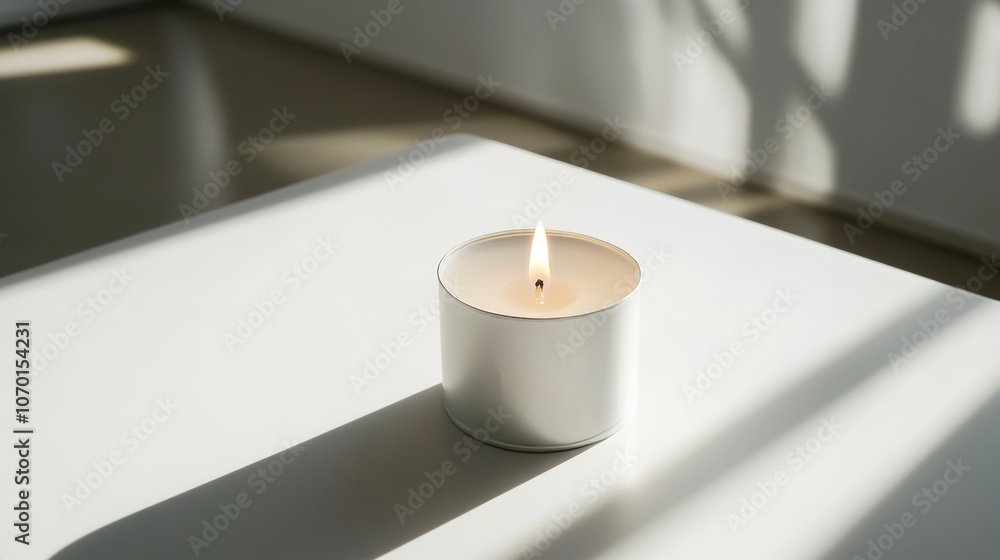 Lit candle in sunlight creating serene ambiance Lit candle in sunlight creating serene ambiance