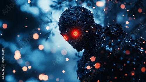 3d illustration of a cyberpunk scary creature with red luminous eyes in a night scene. Silhouette of a futuristic post apocalypse mutant in metal armor. Concept art science fiction alien character photo