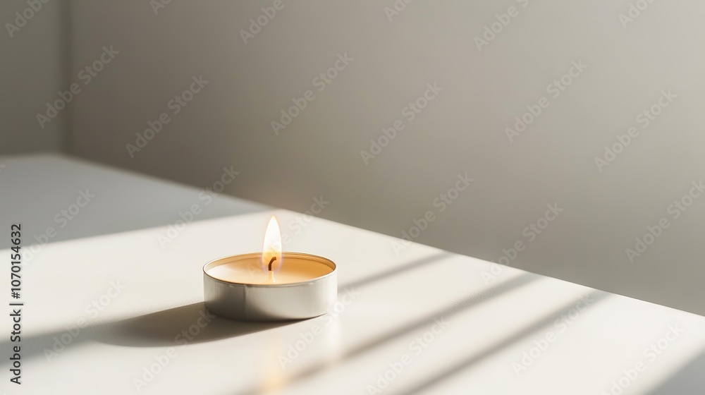 Lit candle in minimalistic setting with shadows Lit candle in minimalistic setting with shadows