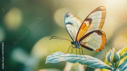 A glasswing butterfly perched on a green leaf with its wings spread wide. photo