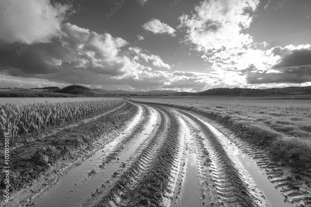 Fototapeta premium Dramatic monochrome landscape with muddy tractor path and stormy sky