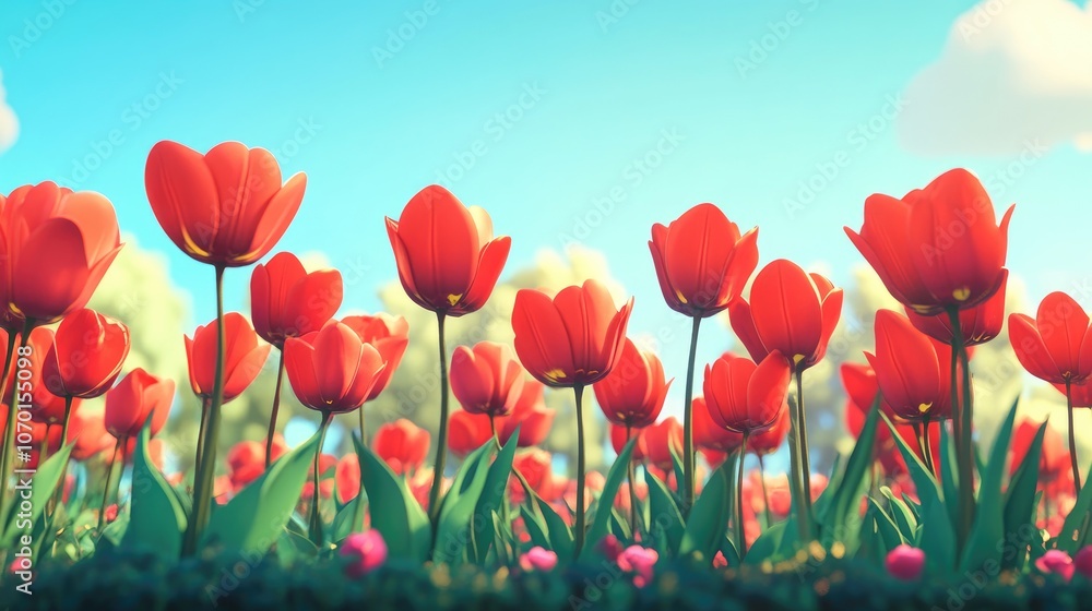 Close up view of vibrant red tulip flowers blooming in a flowerbed under a clear blue sky soft focus on floral beauty Close up view of vibrant red tulip flowers blooming in a flowerbed under a clear blue sky soft focus on floral beauty