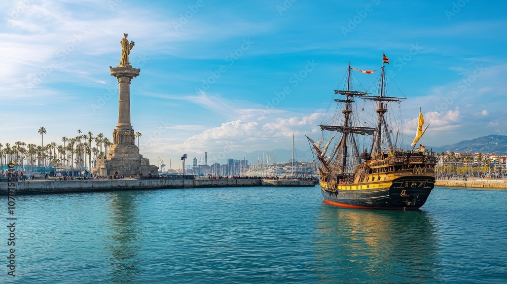 Fototapeta premium In Barcelona's sunny embrace, the towering monument of Christopher Columbus gazes westward, guiding imaginations toward the shores of America.