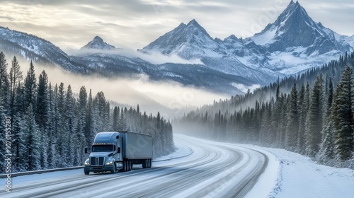 Truck Driving on Snowy Mountain Road with Majestic Peaks in Background
