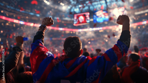 Excited fans cheer passionately for their team during an evening match at the stadium, creating an electrifying atmosphere filled with energy and excitement. Generative AI