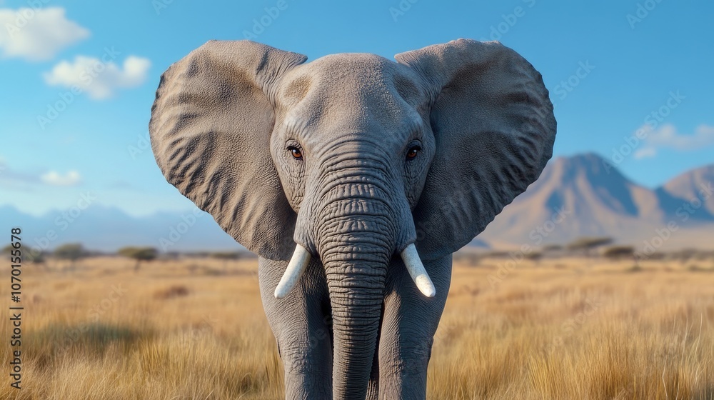 Fototapeta premium Majestic African elephant stands gracefully in the savannah under golden light with mountains in the background