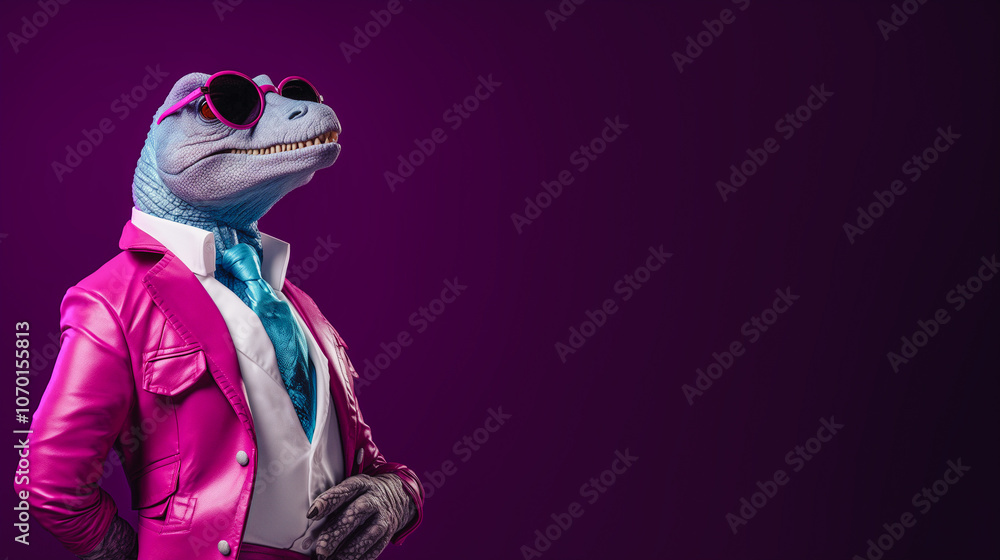 Stylish reptile concept: A lizard dressed in a vibrant pink suit, blue tie, and sunglasses, set against a purple background, symbolizing humor, creativity, and unique style. Stylish reptile concept: A lizard dressed in a vibrant pink suit, blue tie, and sunglasses, set against a purple background, symbolizing humor, creativity, and unique style.