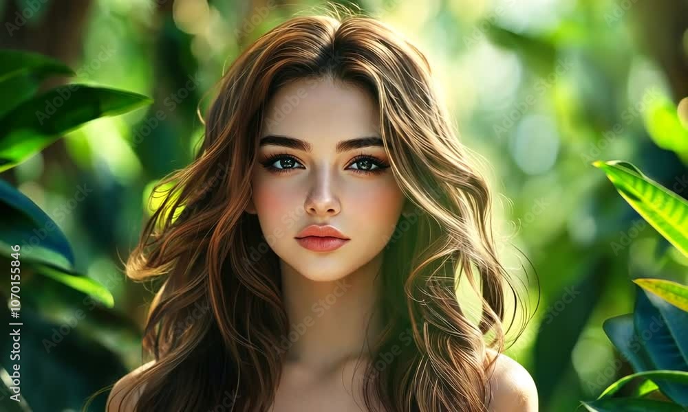 A close-up portrait of a young woman with flowing hair against a lush, green background. A close-up portrait of a young woman with flowing hair against a lush, green background.