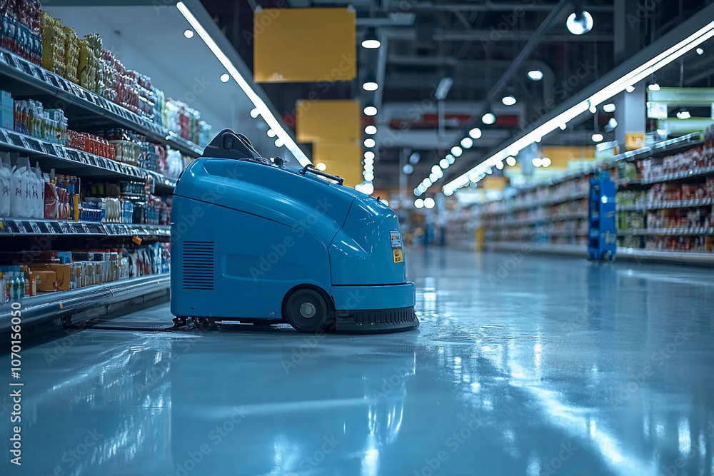 Cleaning machine in action at a grocery store aisle in the evening Cleaning machine in action at a grocery store aisle in the evening
