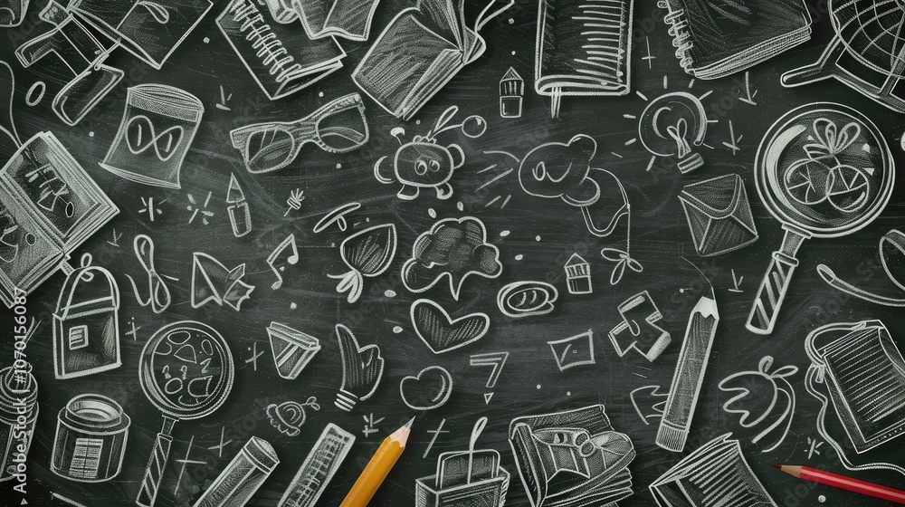 School chalkboard. Sketchy background with hand drawn school supplies. Education concept School chalkboard. Sketchy background with hand drawn school supplies. Education concept
