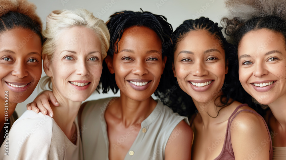 Fototapeta premium Diverse group of women smiling together celebrating friendship and unity