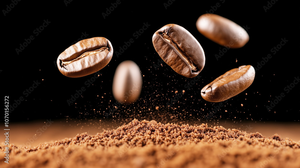 Dynamic close-up of coffee beans in motion over ground coffee Dynamic close-up of coffee beans in motion over ground coffee