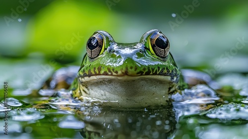 A green frog with large eyes peeks out of the water with its mouth slightly open.