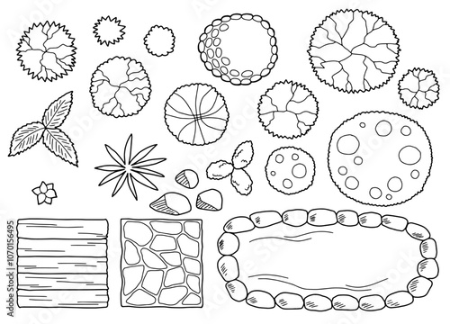 Landscape architect design element set graphic black white top sketch aerial view isolated illustration vector 