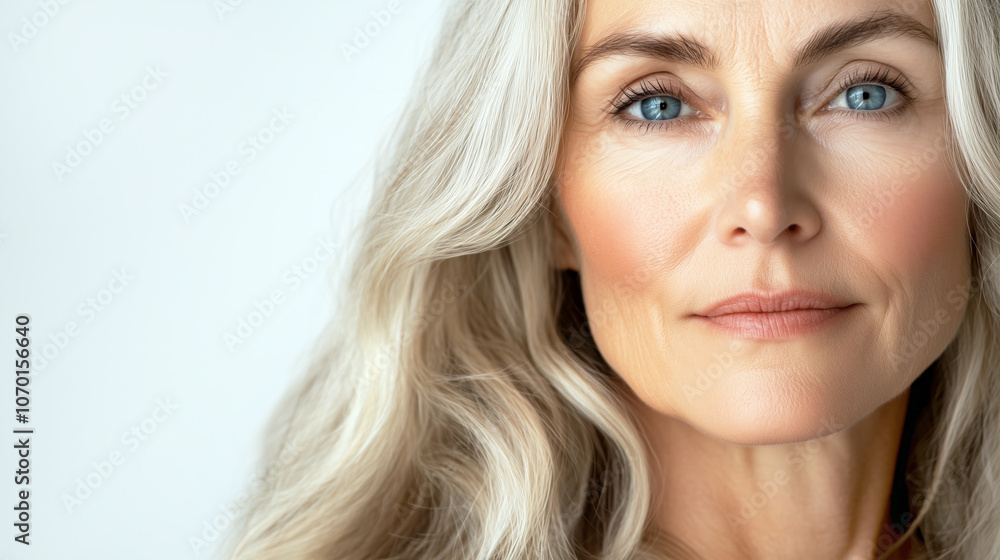 Elegant mature woman with long silver hair and serene expression Elegant mature woman with long silver hair and serene expression