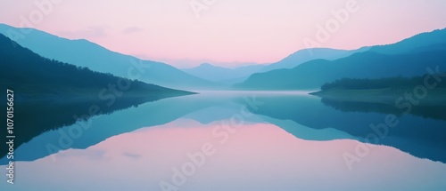 Misty mountain reflections on a tranquil lake create a dreamlike scene of soft pastels and endless calm.