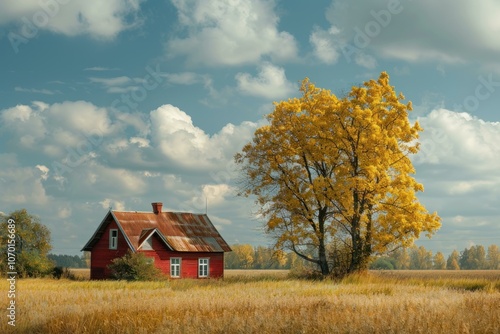 Red wooden house with a rusty roof is standing in a field with a big yellow tree