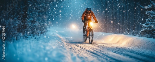 A cyclist riding through a snowcovered road at night, the bike s headlight glowing brightly through the falling snow, creating a peaceful winter scene photo