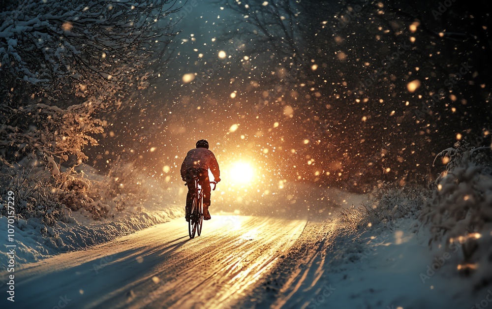 A cyclist riding through a snowy, desolate road at night, with the only light coming from the bicycles headlight, while snow falls gently around them A cyclist riding through a snowy, desolate road at night, with the only light coming from the bicycles headlight, while snow falls gently around them