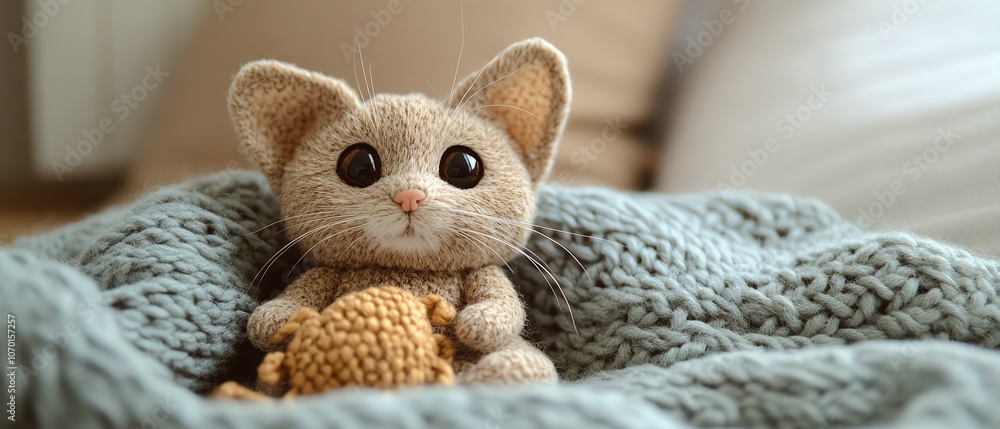 A delightful handmade catnipstuffed mouse toy lying on a knitted blanket, its soft fabric creating a relaxing and inviting scene A delightful handmade catnipstuffed mouse toy lying on a knitted blanket, its soft fabric creating a relaxing and inviting scene