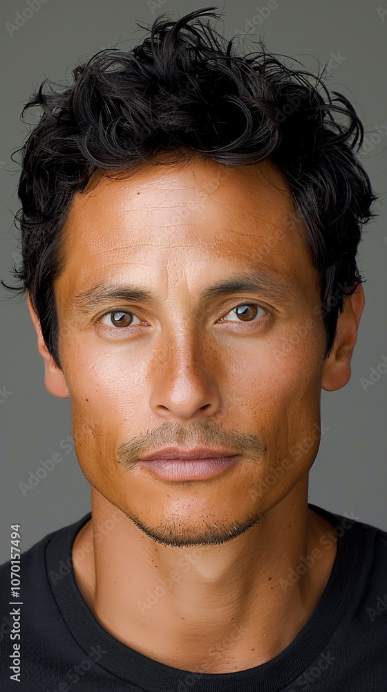 Obraz premium Close-Up Portrait of a Serious Man with Black Curly Hair and Tanned Skin