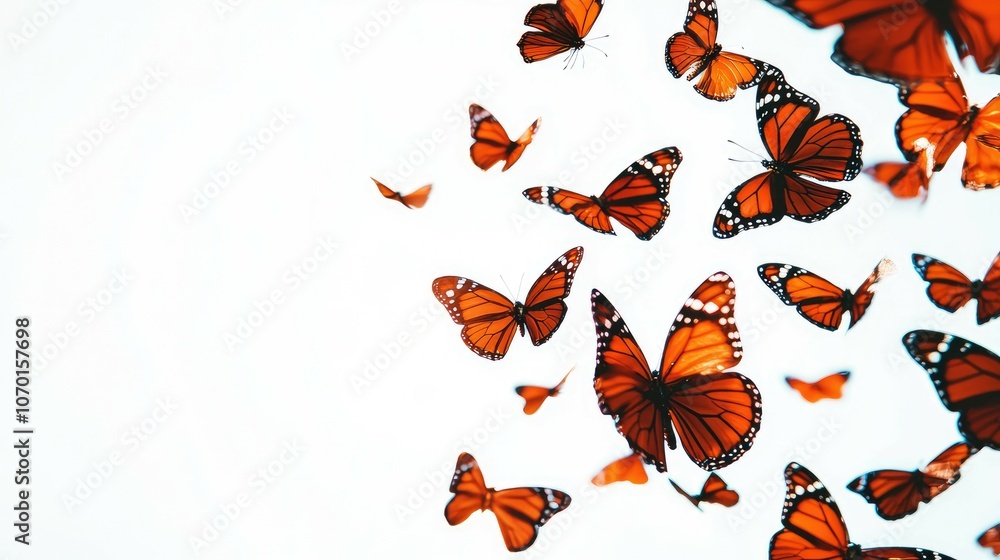A group of monarch butterflies in flight against a white background. A group of monarch butterflies in flight against a white background.