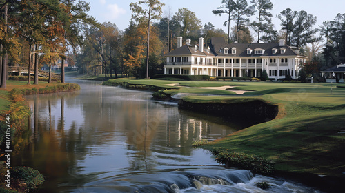 Scenic Golf Course with Colonial Style Clubhouse Alongside Serene River Landscape