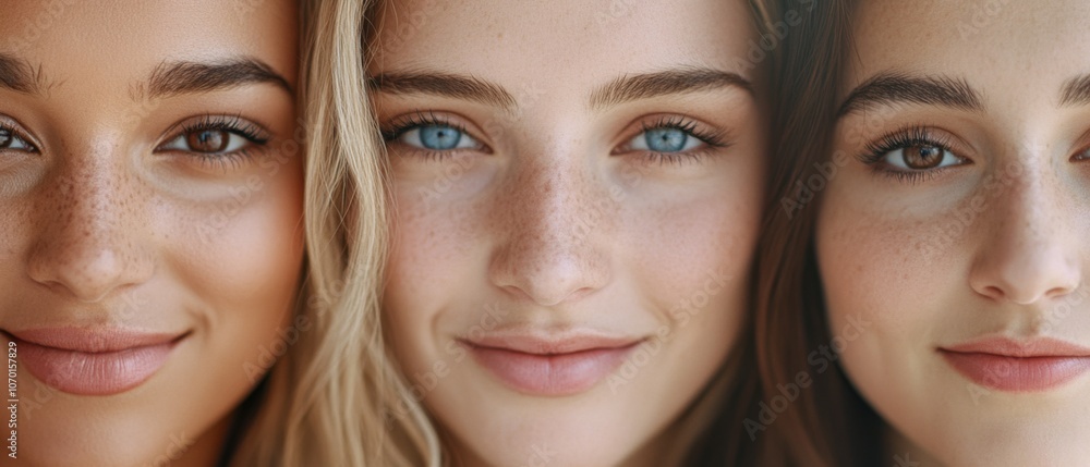 Fototapeta premium Three faces in close-up, exuding confidence and camaraderie with natural beauty and harmonious expressions.