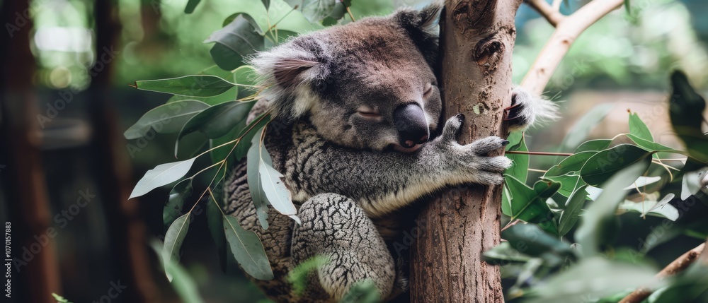 Fototapeta premium A koala blissfully sleeps, clutching a sturdy tree amidst dense foliage, exuding tranquility and contentment.