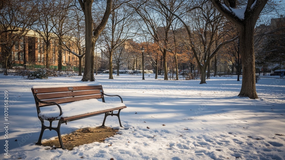 Peaceful Snow-Covered Bench in Quiet Park Scene Peaceful Snow-Covered Bench in Quiet Park Scene