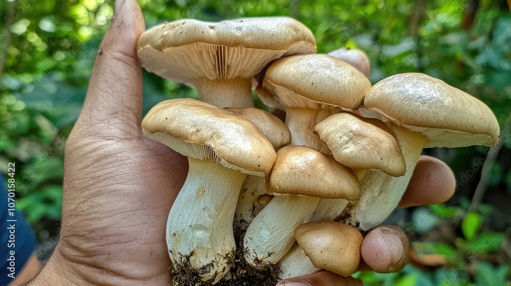 A hand holding a cluster of freshly picked mushrooms against a green background. A hand holding a cluster of freshly picked mushrooms against a green background.
