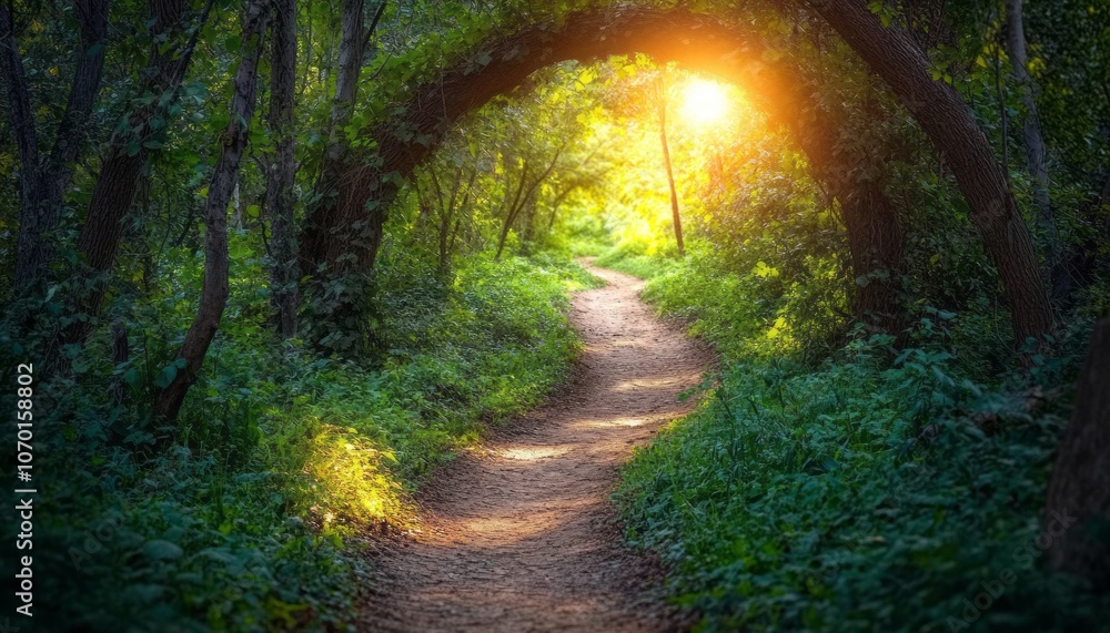 Obraz premium A winding forest path illuminated by sunlight during early morning hours