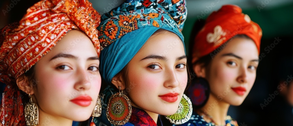 Obraz premium Three women adorned in vibrant, patterned headscarves and bold earrings, exuding elegance through vivid color and cultural expression.