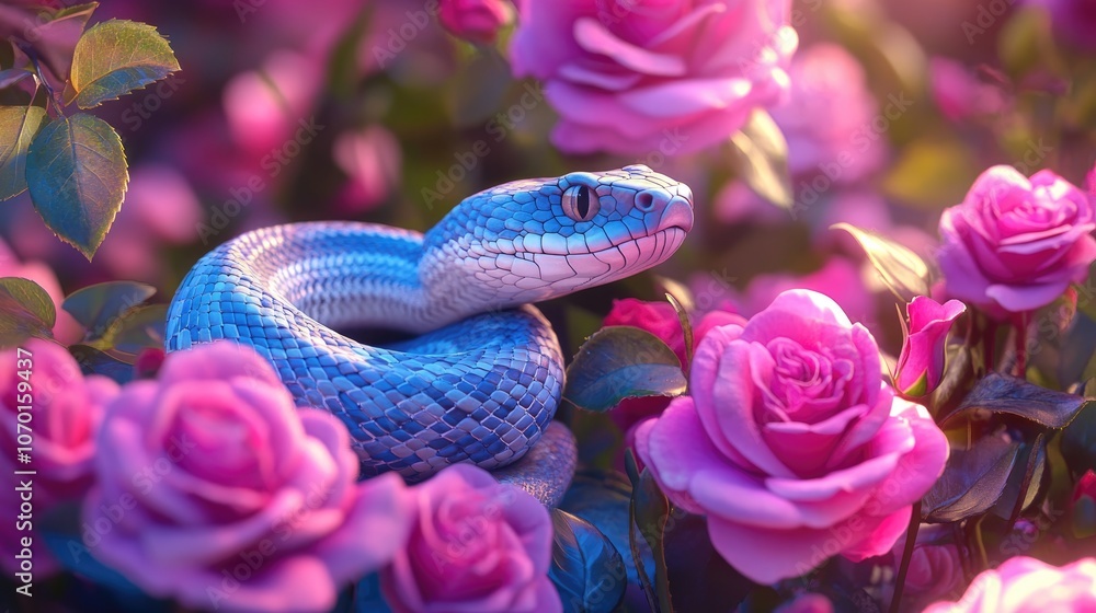 Blue White lipped Pit Viper coiled among blooming pink roses showcasing nature s vibrant contrasts