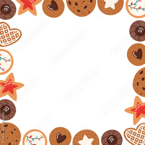 Christmas cookies frame. Square sweet bakery border. Various pastry. Flat vector illustration template