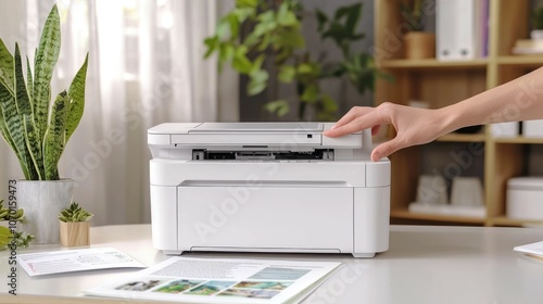 A hand is shown opening the document feeder of a white printer on a desk in a home office setting.
