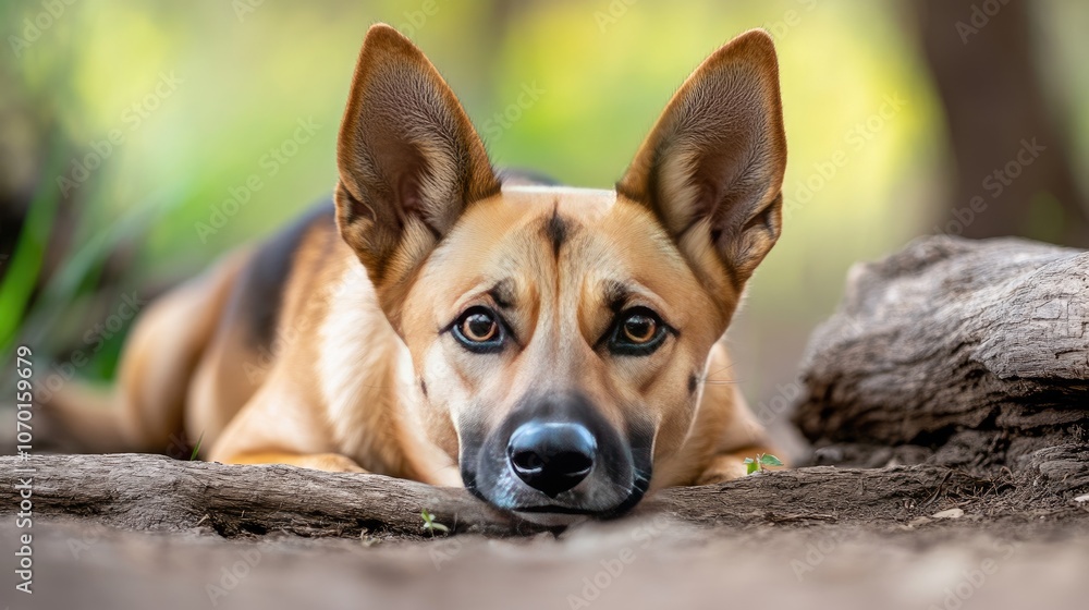 A serene dog lies gracefully on the ground, capturing the essence of its gentle nature in vibrant natural light A serene dog lies gracefully on the ground, capturing the essence of its gentle nature in vibrant natural light