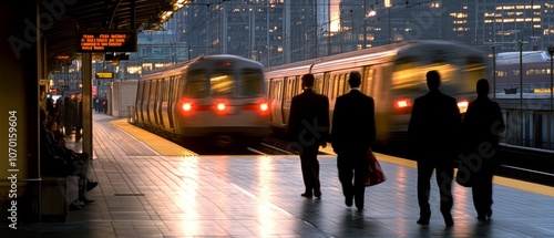 Busy commuters under city lights wait for trains at a vibrant urban station, their silhouettes contrasting against the glow of departing trains.