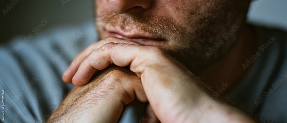 A thoughtful pose with clasped hands under the chin, a close-up capturing contemplation and introspective mood. A thoughtful pose with clasped hands under the chin, a close-up capturing contemplation and introspective mood.